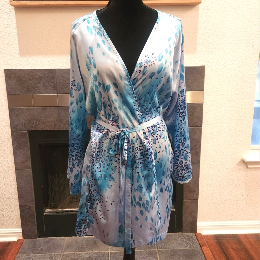 Victoria's Secret Blue Leopard Wrap Night Robe Satin Sleepwear M L